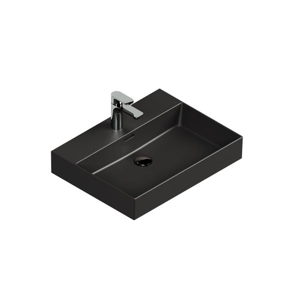 Schwarzes Aufsatzwaschbecken mit Armatur