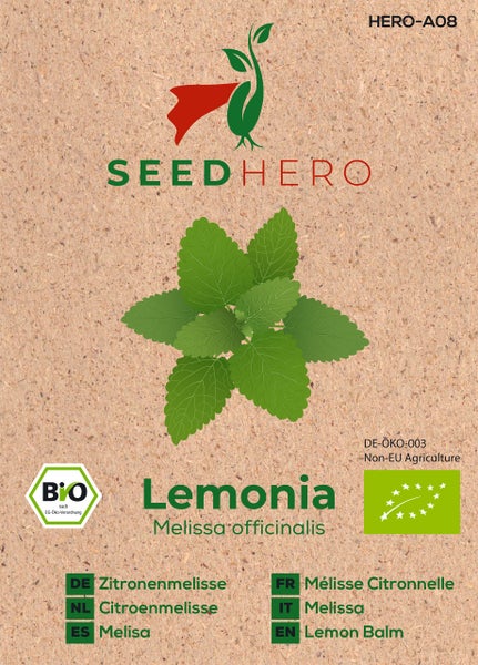 Bio-Samentüte für Zitronenmelisse Lemonia, Melissa officinalis, SEEDHERO Logo, Bio-Siegel.
