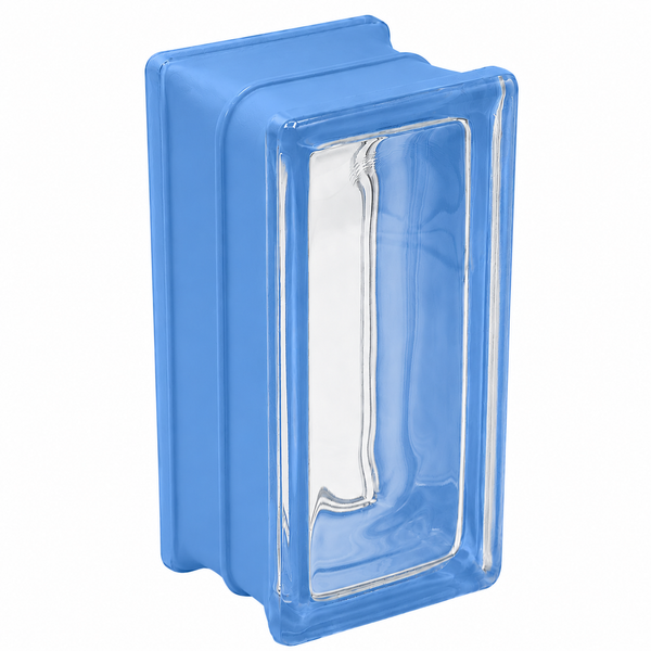 Rechteckiger Glasbaustein in Blau mit gewellter Oberfläche.