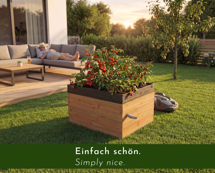 Hölzernes Hochbeet mit Tomaten und Chili auf einem Rasen, im Hintergrund ein Mähroboter und eine Terrasse mit Lounge-Möbeln.