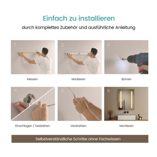 EMKE Badspiegel mit Beleuchtung 60x45 cm, warmweiß, Touchschalter, Antibeschlag, dimmbar, IP44, für Badezimmer