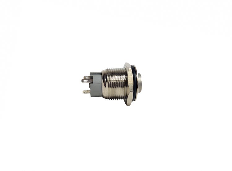 Silberner Drucktaster aus Metall mit Schraubgewinde, Sechskantmutter und Anschlussklemmen.