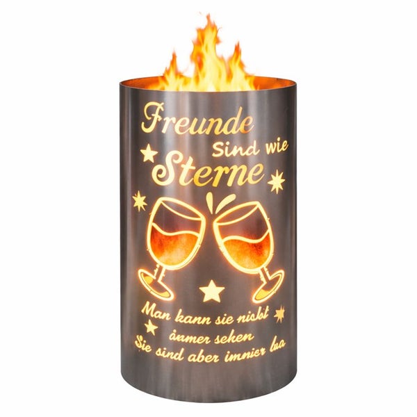 Feuersäule aus Metall mit dem Schriftzug Freunde sind wie Sterne