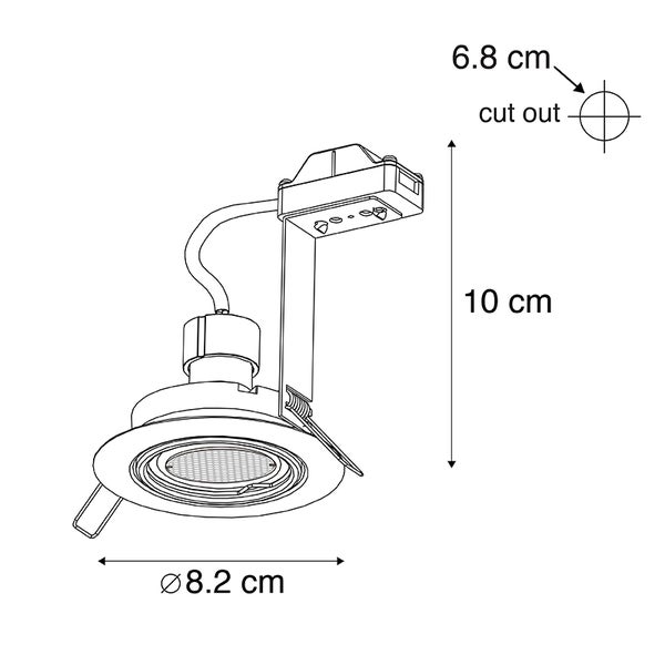 Technische Zeichnung eines Einbaustrahler mit den Maßen 8,2 cm Durchmesser, 10 cm Höhe und einem Ausschnitt von 6,8 cm.
