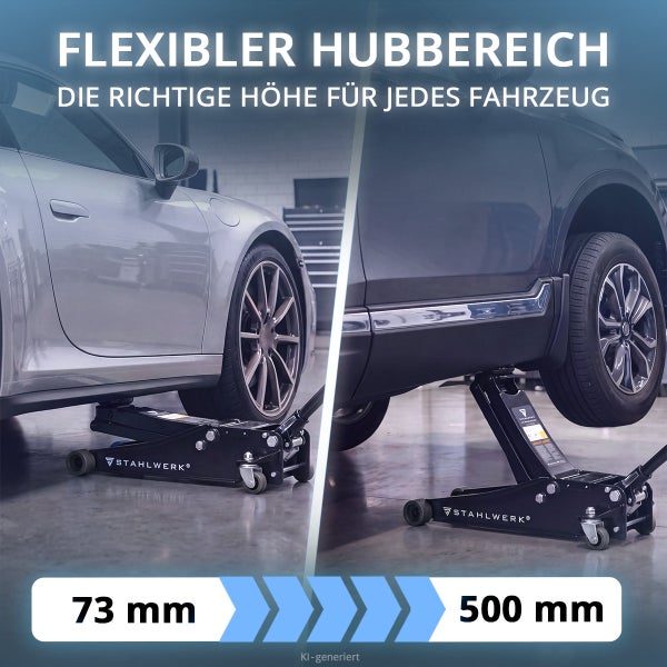 Stahlwerk Rangierwagenheber mit flexiblem Hubbereich von 73 Millimeter bis 500 Millimeter für verschiedene Fahrzeugtypen in der Werkstatt.