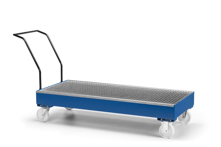 RR Industrietechnik Fahrbare Auffangwanne aus Stahl für 3x 200 Liter Fass mit Gitterrost RAL 5010 enzianblau