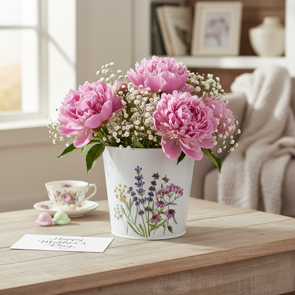 Blumenstrauß mit rosa Pfingstrosen und weißem Schleierkraut in einem weißen Metalleimer mit Blumenmuster auf einem Holztisch.
