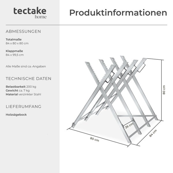 Produktinformationen zu einem Holzsägebock aus verzinktem Stahl mit den Maßen 84 x 80 x 80 cm.