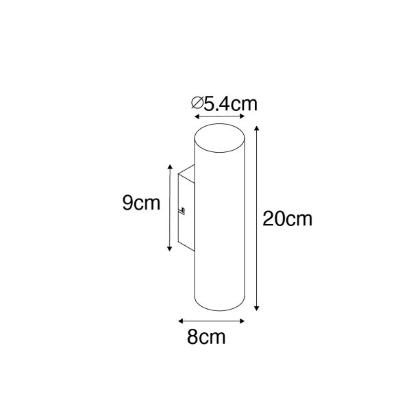 Technische Zeichnung einer Wandleuchte mit den Maßen 20 cm Höhe, 8 cm Breite, 5,4 cm Durchmesser und 9 cm Wandabstand.