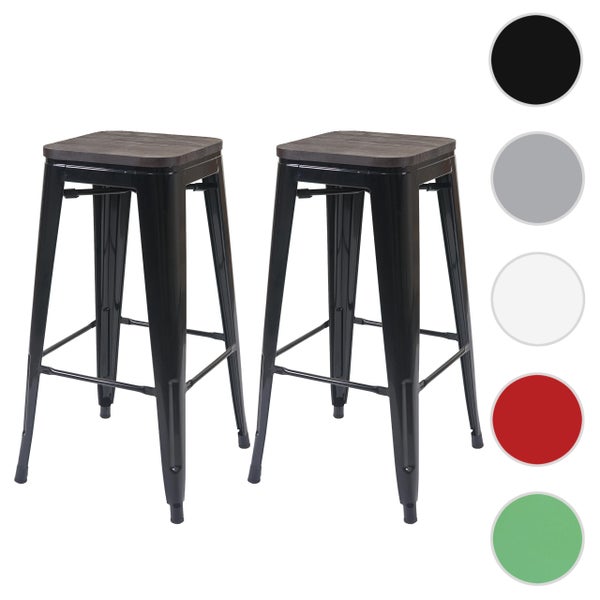 Zwei schwarze Barhocker mit Holzplatte
