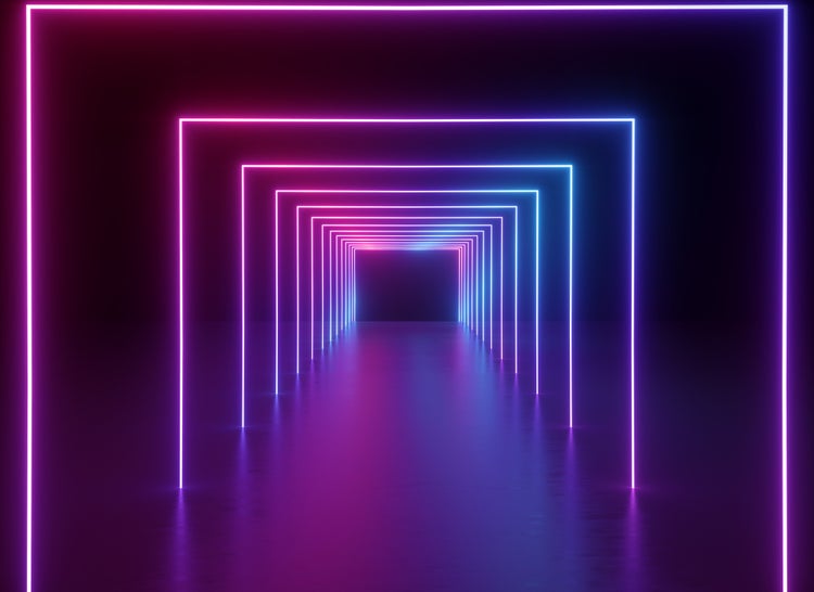 Fototapete mit Tunnel-Optik aus leuchtenden neonfarbenen Quadraten in Pink und Blau.