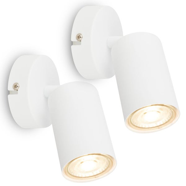 Zwei weiße Wandstrahler in Zylinderform mit runder Wandhalterung und eingeschaltetem Licht.