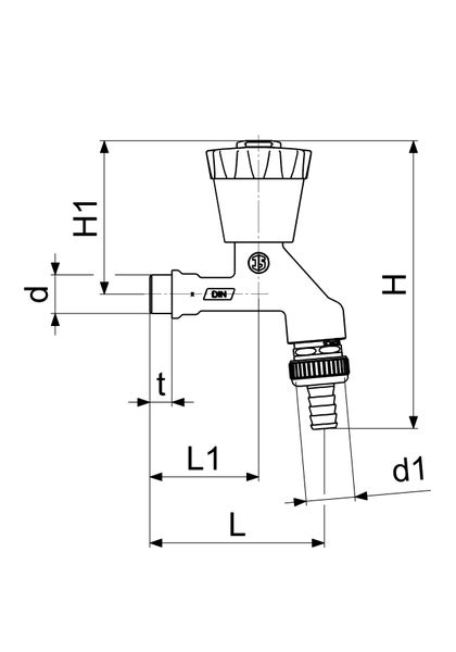 Technische Zeichnung eines Garten-Auslaufhahns mit Bemaßungen für Höhe, Länge und Durchmesser.