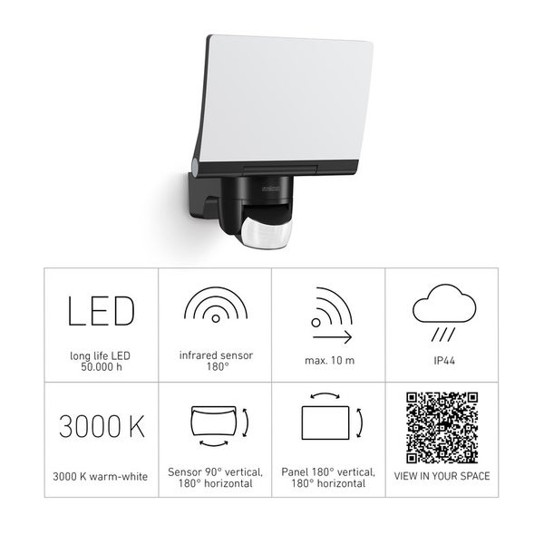 LED-Außenstrahler mit Bewegungsmelder und Merkmalen wie 3000 Kelvin, IP44-Schutz, 180 Grad Sensorreichweite und verstellbarem Lichtpanel.