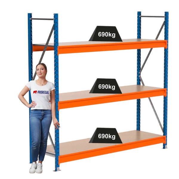Schwerlastregal mit drei Ebenen und einer Traglast von 690 kg pro Ebene