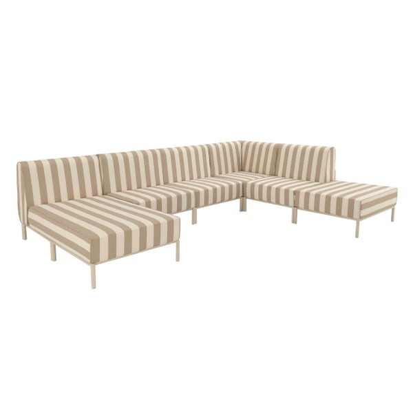 Gestreifte modulare Garten-Lounge-Ecke mit Metallbeinen.
