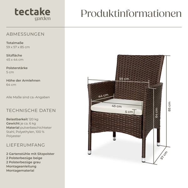 Produktinformationen zu zwei Gartenstühlen aus Stahl und Polyethylen mit Sitzpolster und Maßangaben