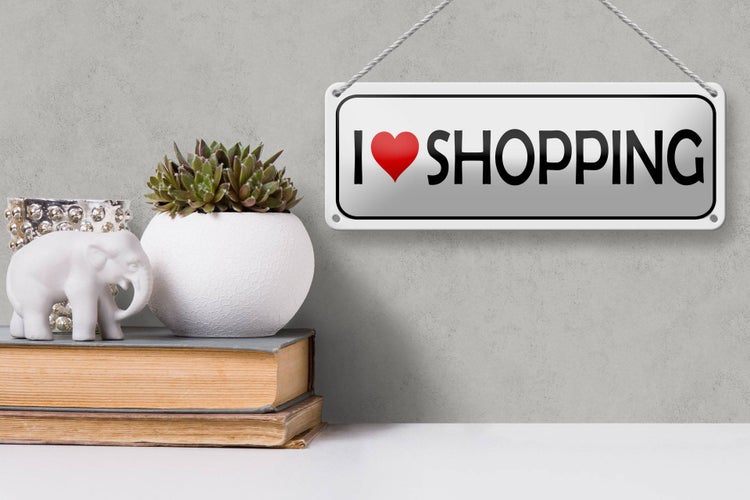 Blechschild Spruch 27x10cm I Love shopping Dekoration