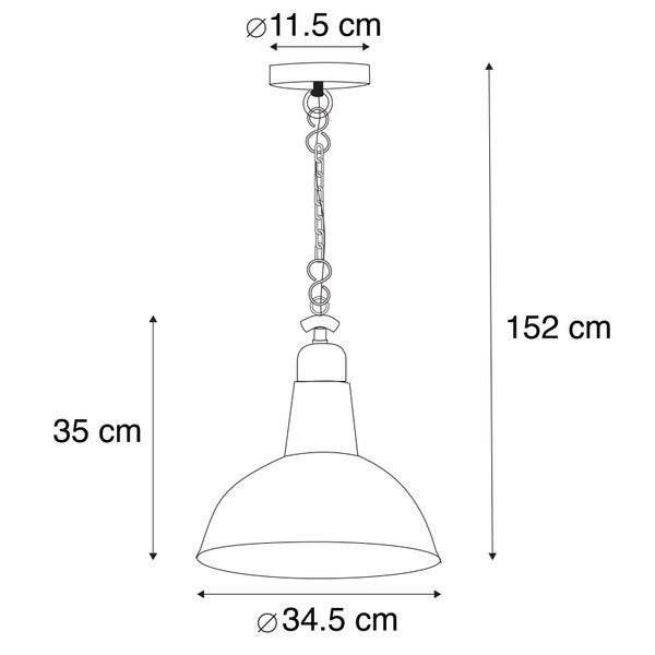 Technische Zeichnung einer Pendelleuchte mit den Maßen: Durchmesser oben 11,5 cm, Durchmesser unten 34,5 cm, Höhe Lampenschirm 35 cm, Gesamthöhe 152 cm.