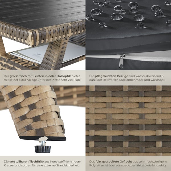 Rattan Lounge tectake Catania Tisch mit Schraubfüßen für 6 Personen natur