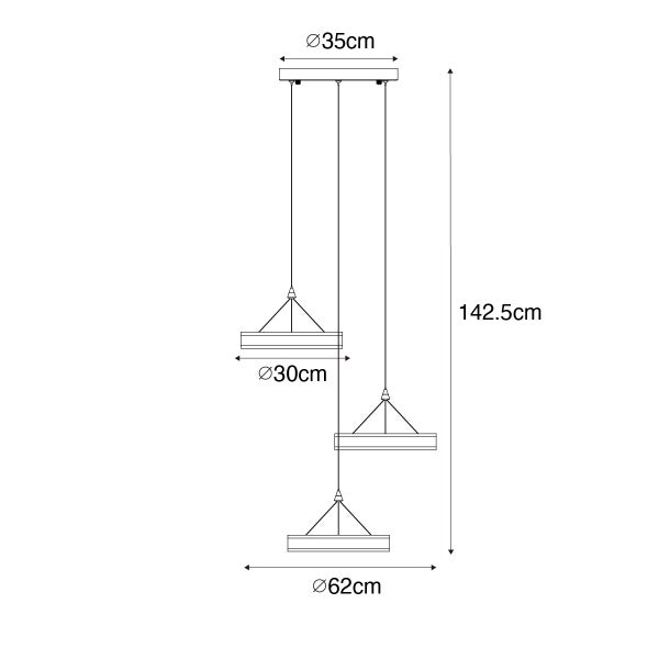 Technische Zeichnung einer Pendelleuchte mit den Maßen 35 cm, 30 cm, 62 cm und 142,5 cm.