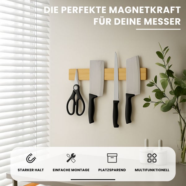 CHEFGASTRO Magnetleiste magnetische Messerleiste Messerhalter aus Bambus | HxBxT 6,2x40x2,1cm | Inkl. 3 silberne Haken | Bambus | extra stark magnetischer Messerstreifen zum Kleben oder Schrauben