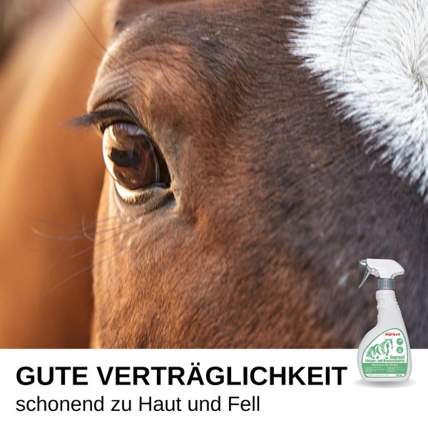 Supravit Fliegen- und Bremsenspray für Pferde, gute Hautverträglichkeit, Detailaufnahme eines Pferdeauges und eine Sprühflasche.