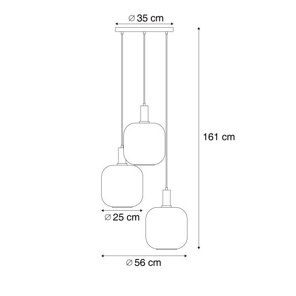 Technische Zeichnung einer Pendelleuchte mit drei Leuchten und Maßangaben.