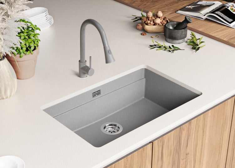 PRIMAGRAN Unterbauspüle Granit Grau 76x47cm, Spülbecken 1 Becken + Ablauf-Set + Aufrollbare Abtropffläche, Granitspüle ab 80er Unterschrank - Praga