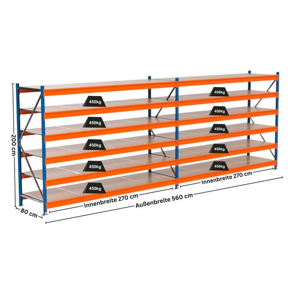 Abbildung eines Schwerlastregals mit sechs Ebenen und den Maßen 200 cm Höhe, 80 cm Tiefe, 270 cm Innenbreite und 560 cm Aussenbreite, Traglast 450 kg pro Ebene