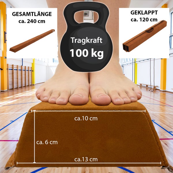 Faltbarer Schwebebalken für Gymnastik: Gesamtlänge circa 240 Zentimeter, zusammengeklappt circa 120 Zentimeter, Tragkraft 100 Kilogramm.