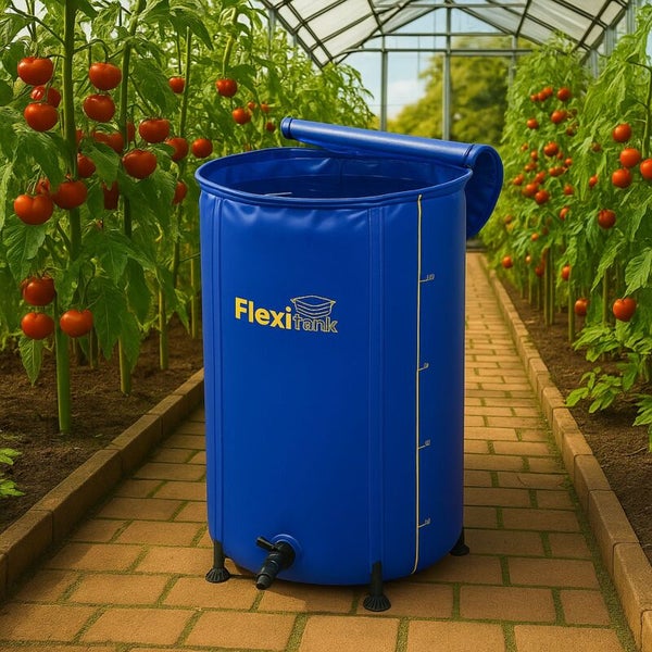 FlexiTank faltbarer Wassertank mit Ablasshahn in einem hellen Gewächshaus mit Tomatenpflanzen auf einem gepflasterten Weg.