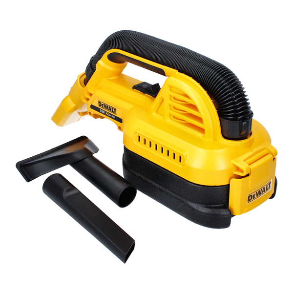 Gelber DeWalt Akku-Handsauger 18 Volt mit schwarzem Saugschlauch, Fugendüse und Polsterdüse.