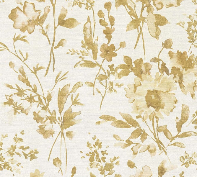 Tapete mit floralem Motiv und zeichnerischen Blumen auf Vliesträger