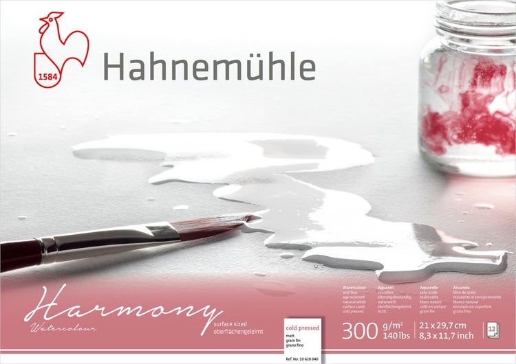 Hahnemühle Harmony Aquarellpapier mit Pinsel und Farbtropfen