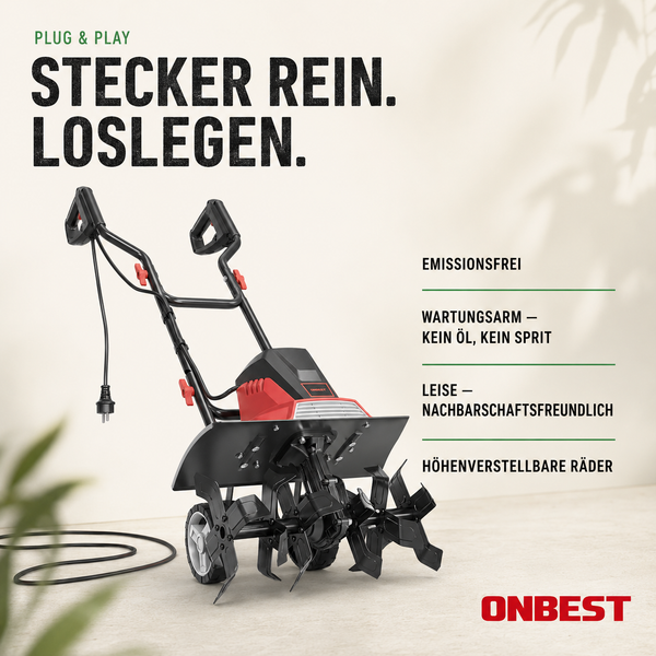 Elektrische Bodenhacke von ONBEST mit Netzkabel, emissionsfrei, wartungsarm, leise und mit höhenverstellbaren Rädern. ONBEST Logo.