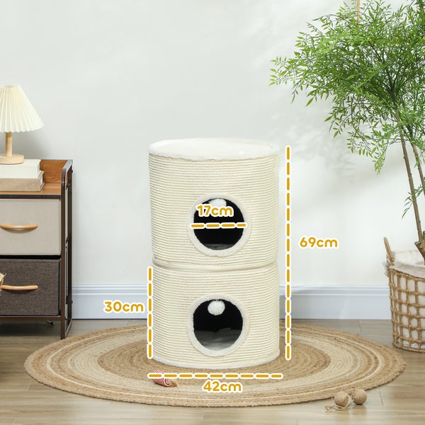 PawHut Kratztonne, 69 cm Hoch, Teilbare Katzentonne, Katzenturm mit 2 Höhle, Spielball, Katzenturm, Kratzbaum für Katzen bis 5 kg, Cremeweiß