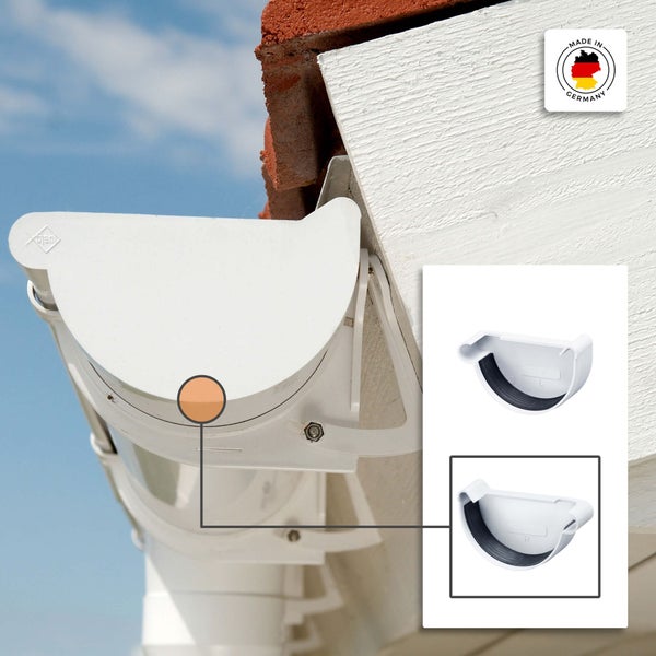 Weiße Dachrinnen-Endkappe aus Kunststoff mit Dichtung an einer Dachrinne montiert sowie Detailansicht für Links und Rechts. Hergestellt in Deutschland.
