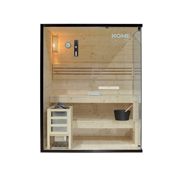 Moderne Elementsauna aus Massivholz mit Glasfront, inklusive Saunaofen, Saunazubehör und integrierter Beleuchtung von Home Deluxe Logo.