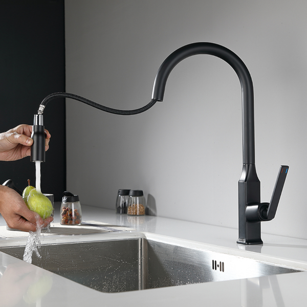 EcoRain 30% Wassersparender Küchenarmatur Lucas mit ausziehbarem Auslauf aus Edelstahl RVS 304 und Messing - Universeller Anschluss - Anti-Kratz-Beschichtung - Erhält Wasserdruck - Schwarz