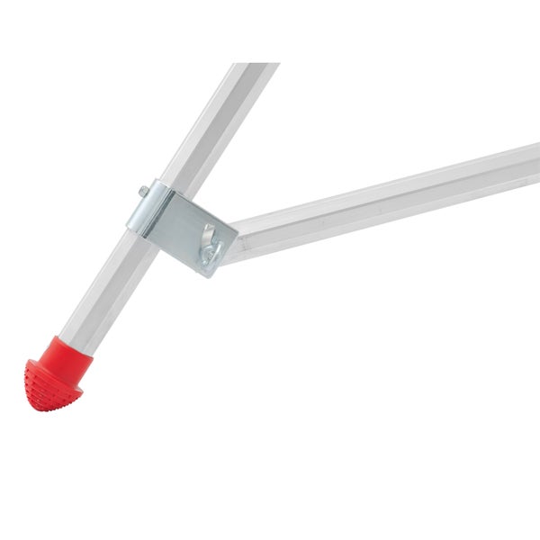 Detailansicht einer Aluminiumleiter mit rotem Fuß und Metallverbindung