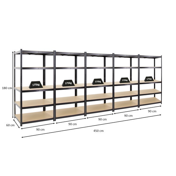 PROREGAL Mega Deal 5x Schwerlastregal Taurus HxBxT 180 x 90 x 60 cm Fachlast 175 kg Schwarz