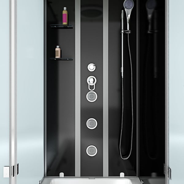 Modernes Duschpaneel in einer Duschkabine mit Handbrause, drei Massagedüsen, Armaturen und zwei Glasablagen.