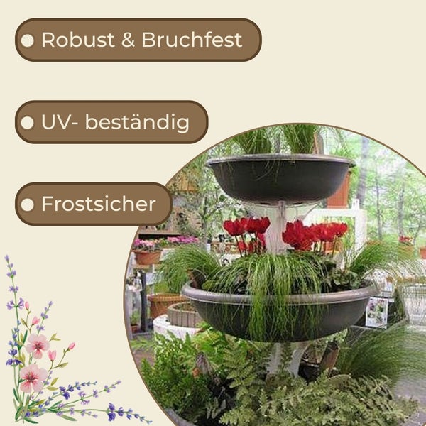Dreistöckiger Pflanzbehälter mit Pflanzen, robust, bruchfest, UV-beständig und frostsicher.