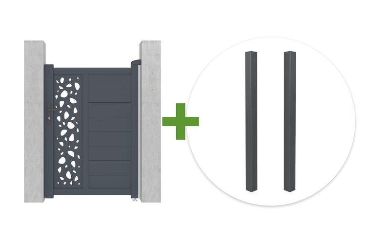 Anthrazitfarbenes Gartentor-Set bestehend aus einem Einflügeltor mit dekorativem Lochmuster und zwei Pfosten aus Aluminium.