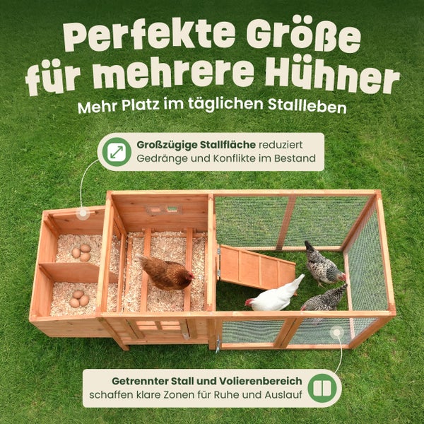 Großer Hühnerstall aus Holz mit großzügiger Stallfläche, separatem Nistkasten und getrenntem Volierenbereich für mehrere Hühner.