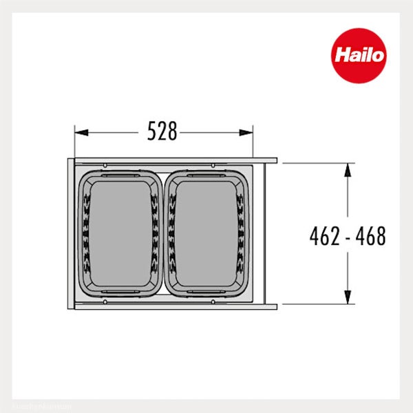 Maßzeichnung eines Hailo Abfallsammlers mit zwei Behältern, Breite 528 Millimeter, Tiefe 462 bis 468 Millimeter. Hailo Logo.