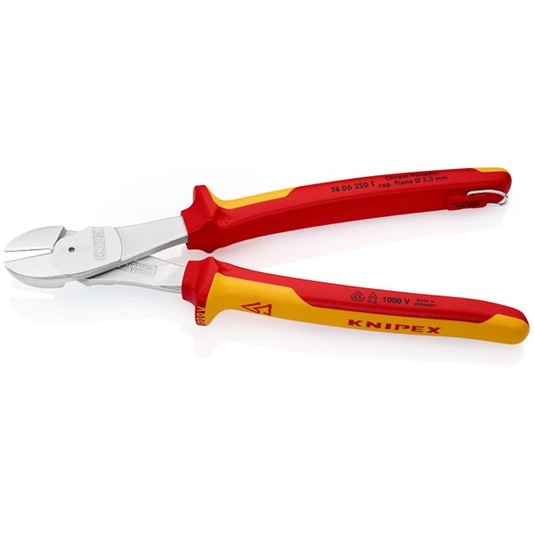 Knipex Kraft-Seitenschneider mit Befestigungsöse verchromt, isoliert mit Mehrkomponenten-Hüllen, VDE-geprüft; mit integrierter isolierter Befestigungsöse zum Anbringen einer Absturzsicherung 250 mm - 7406250TBK