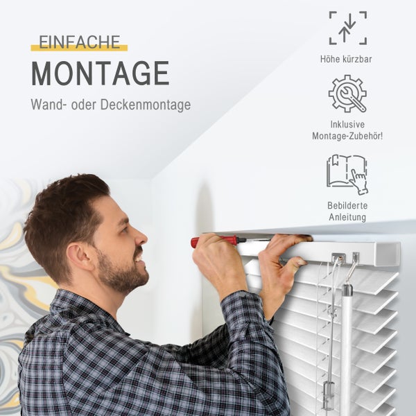 Ein Mann montiert eine Jalousie an der Wand oder Decke, mit Symbolen für einfache Montage, höhenverstellbar und Montagezubehör.