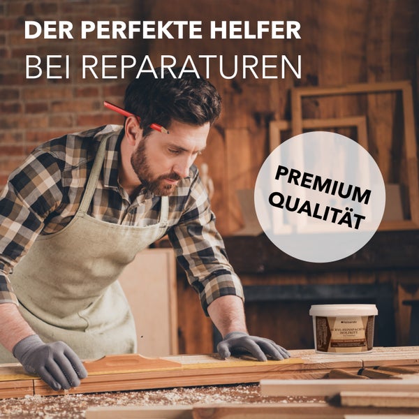 Mann arbeitet an Holz mit Acryl Feinspachtel Holzkitt von Holzando für Reparaturen.